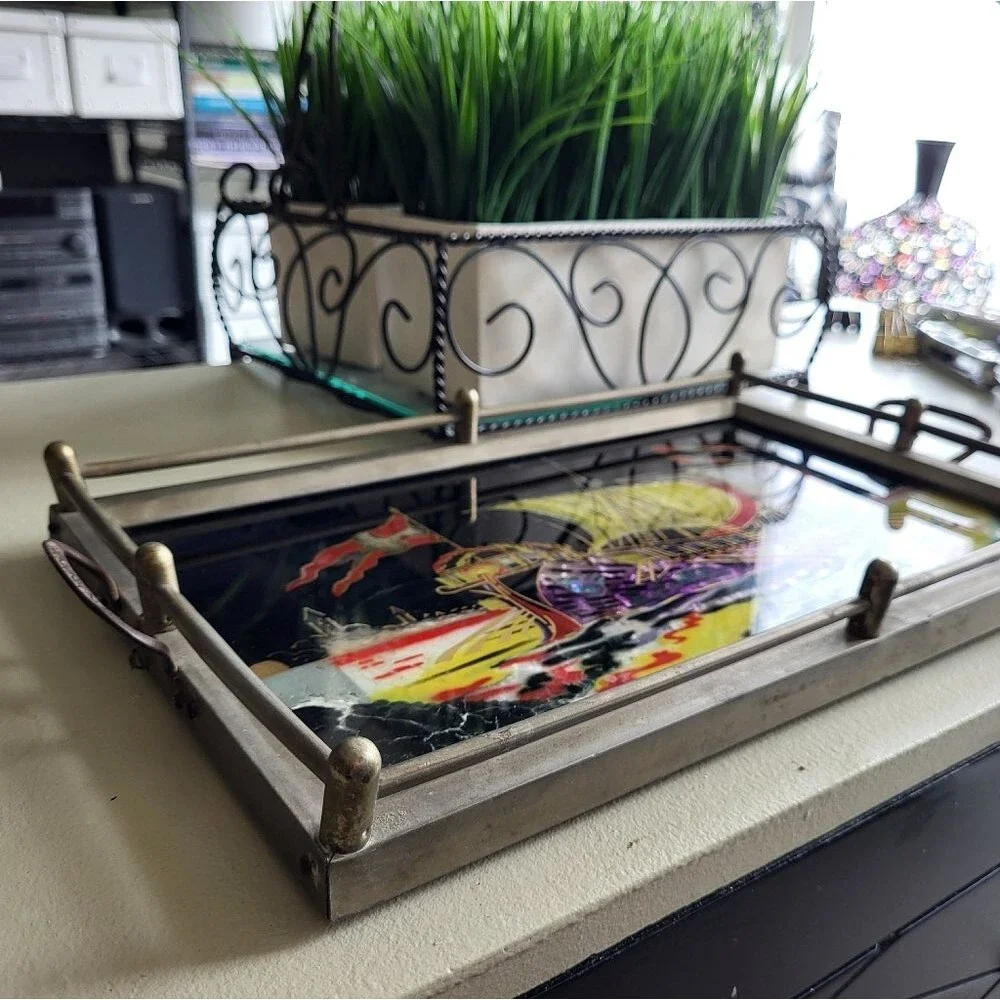 Vintage Art Deco Reverse Painted Glass Tray – Figural Sailing Ship – Silver Tone